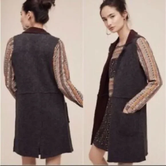Anthropologie Moth Morris Gray Pockets Open Style Duster Vest Minimalist Boho - Picture 4 of 15